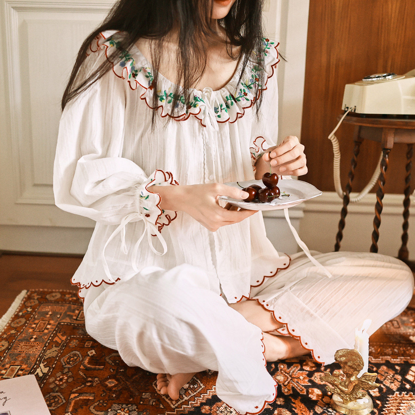 法式宫廷风睡衣女纯棉长袖春秋高级感女款甜美刺绣女士家居服套装