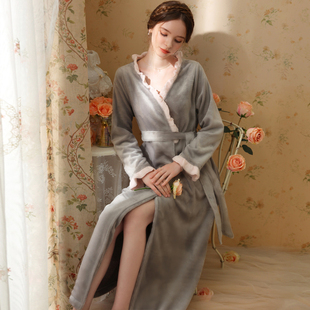 冬季女款珊瑚绒睡袍女性感睡裙高级浴袍长款冬女士法兰绒睡衣加厚