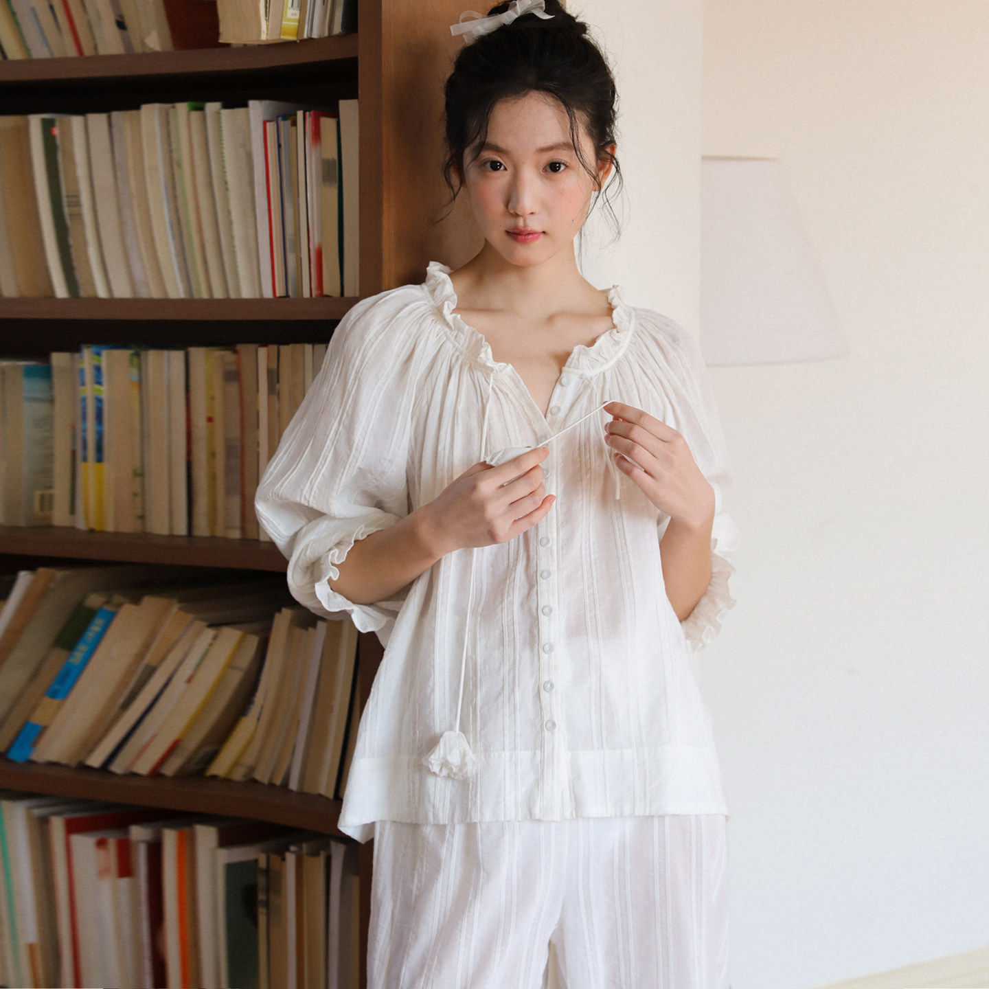 春季圆领白色睡衣女纯棉甜美女款2026新款春秋法式女士家居服套装