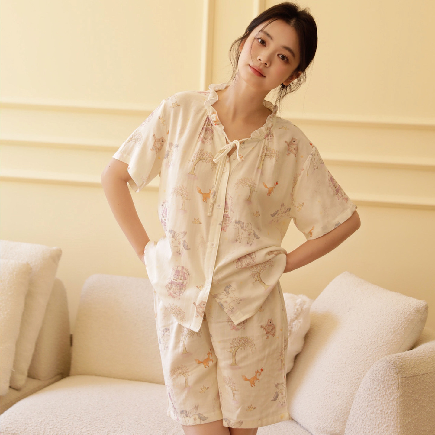 夏季纱布新中式睡衣女短袖短裤套装2026新款夏春薄款棉纱家居服
