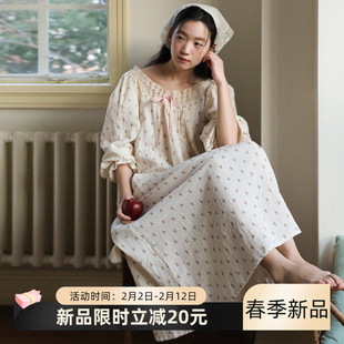 春季女款纯棉睡裙女带胸垫长袖女士蕾丝甜美公主风棉纱碎花睡衣夏