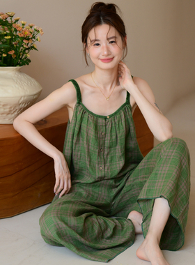 女款绿色高级感睡衣女2025新款夏吊带长裤套装女士纯棉家居服性感