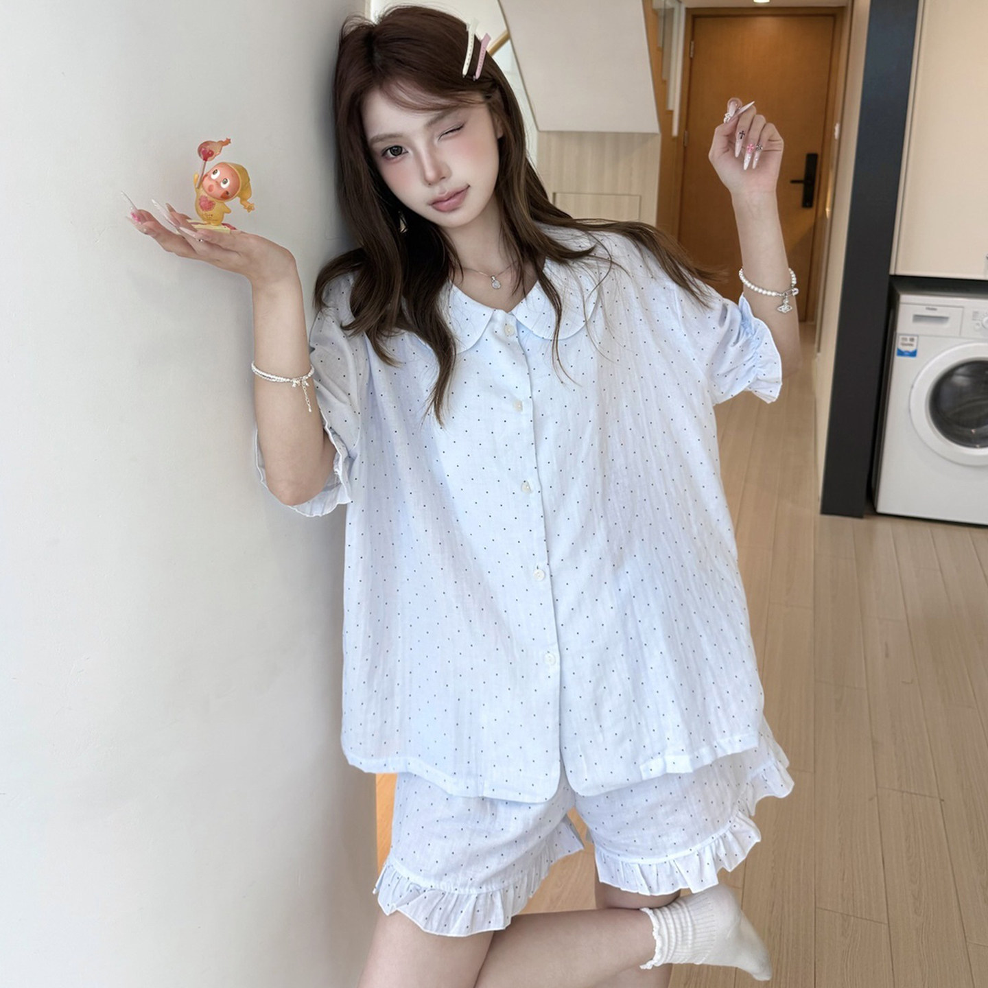 夏季波点短袖短裤睡衣女夏薄款小个子纯棉少女开衫家居服套装夏天