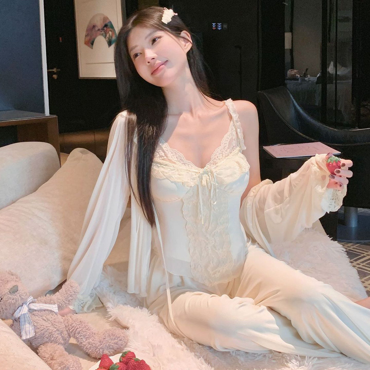 网纱莫代尔吊带睡衣三件套带胸垫