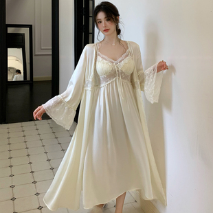带胸垫冰丝缎面吊带睡衣两件套女高级感睡裙法式秋季睡袍家居服秋