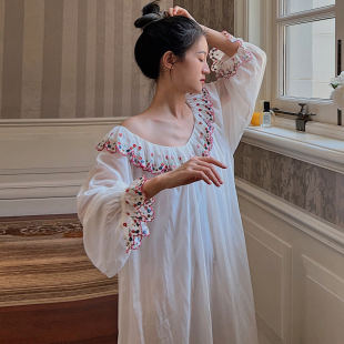 春秋法式女款纯棉睡裙长款长袖秋冬女士白色睡衣女春季可爱家居服