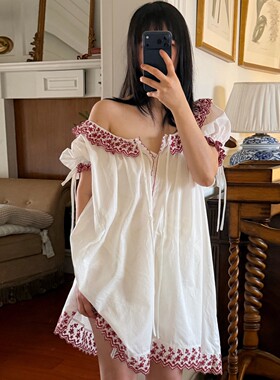 女款夏纯棉短袖家居服睡裙女夏季性感法式女士宫廷风睡衣短款白色