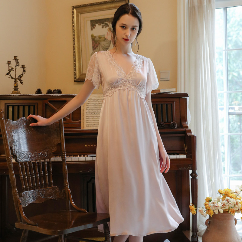 夏季女款宫廷风睡裙女仿真丝长款冰丝性感睡袍法式睡衣裙伴娘晨袍