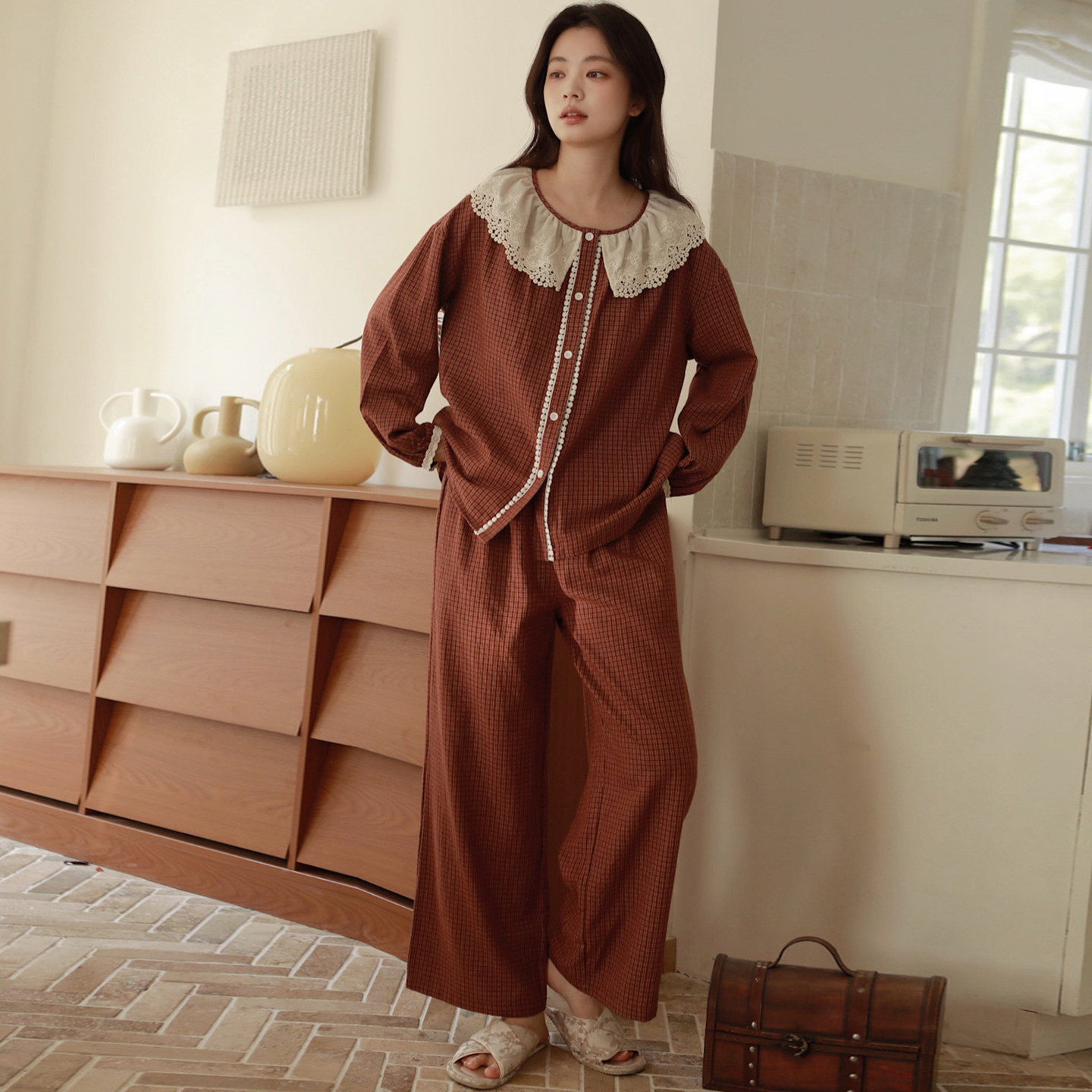 春季格子a类纯棉睡衣女2026新款纱布女士新中式女款家居服套装夏