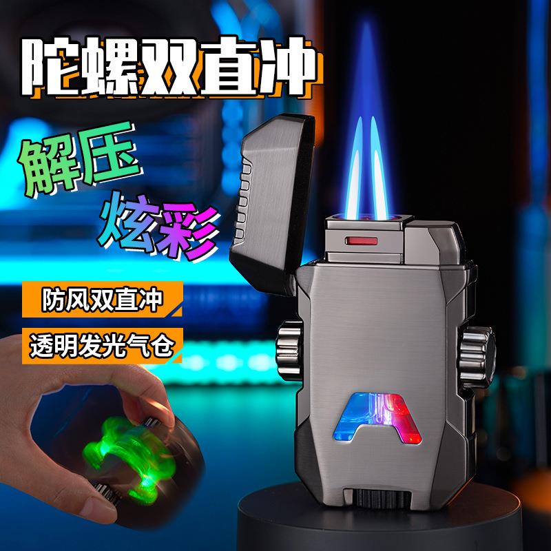 岚海A01机甲陀螺交叉双火焰透视气仓充气防风打火机跨境外贸货源