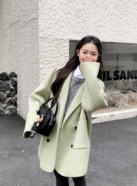 【清风循意】绿色双面呢西装外套女秋冬宽松小个子毛呢大衣HL179