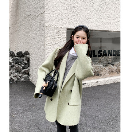 【清风循意】绿色双面呢西装外套女秋冬宽松小个子毛呢大衣HL179