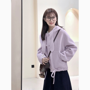 绵羊毛新款韩系气质秋冬新款通勤兔耳可爱女小个子羊毛大衣HL153