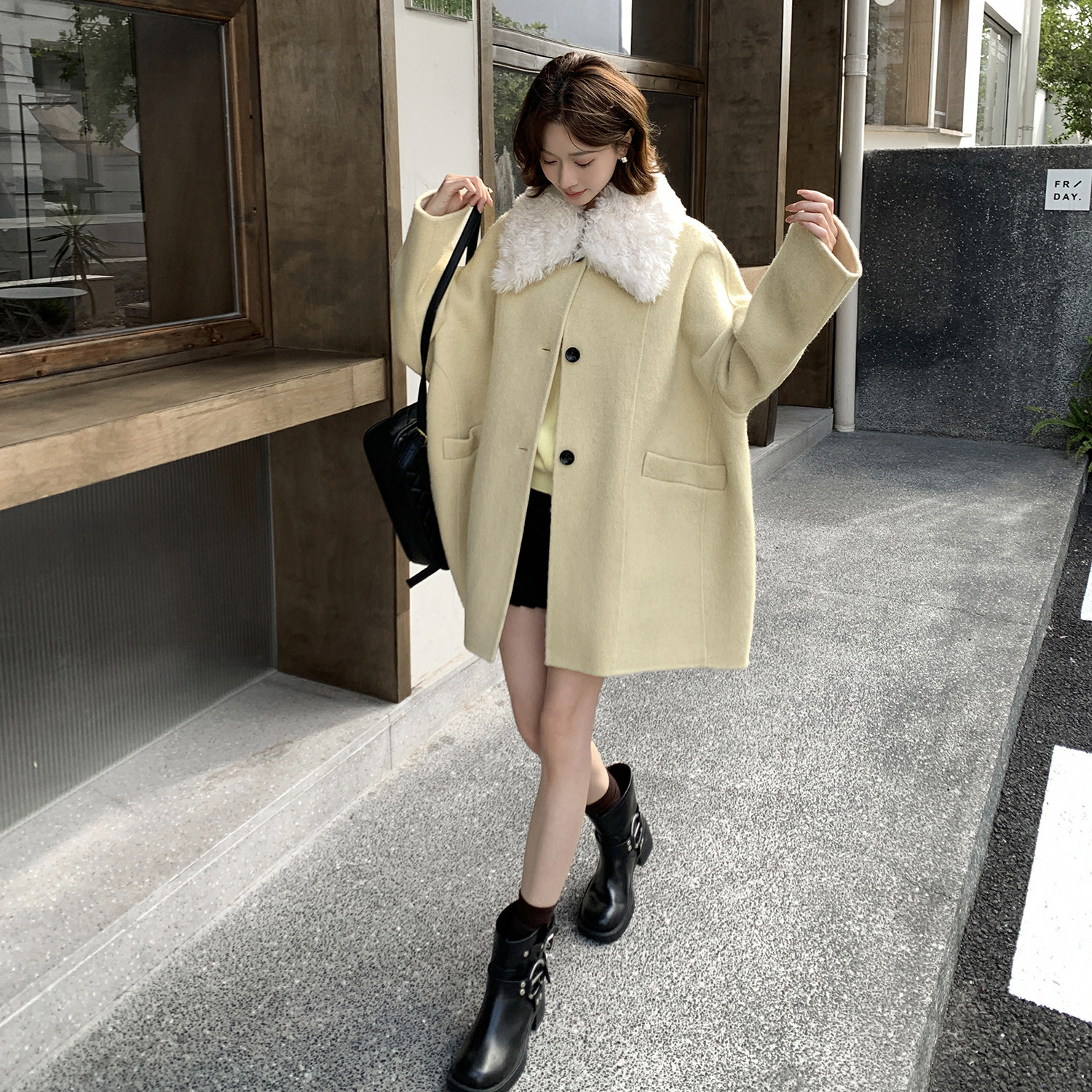 高级感羊毛大衣女中长款带毛领双面呢外套小个子韩系FS001