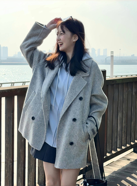绵羊毛灰色新款韩系简约百搭宽松气质羊毛大衣HL109-1
