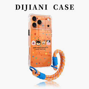 彩点小动物适用苹果17pro手机壳手腕挂绳iphone16promax可背斜挎15pm透明新款14全包防摔13背带手提Air女款