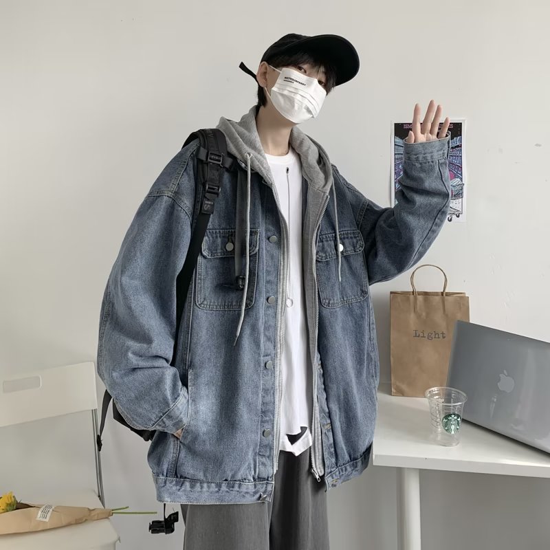 MC128-P73假两件牛仔外套男高街潮牌小众设计感夹克美式连帽上衣,男装夹克,星座1611A
