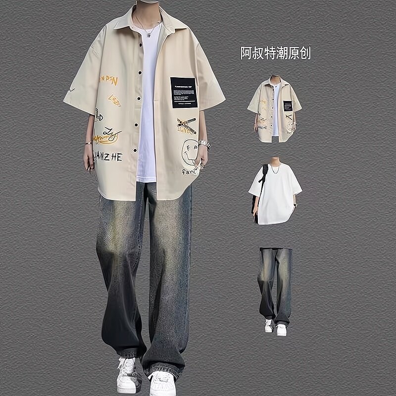 美式hiphop风衬衫男生夏季套装宽松短袖青少年男装一套搭配牛仔裤图片