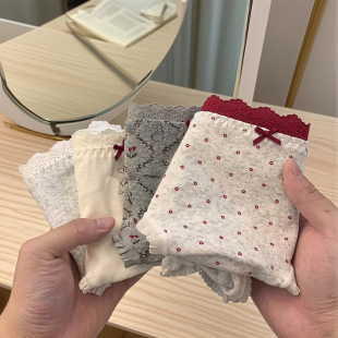 蕾丝拼接裸感包臀三角裤 2026纯棉提花内裤 女小熊小兔波点内裤