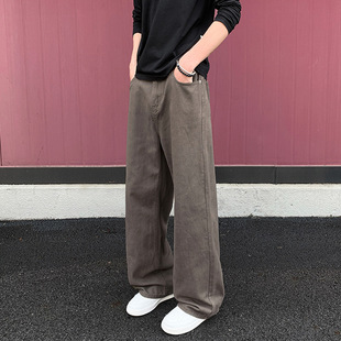 秋季 男款 潮牌美式 长裤 子 纯棉水洗棕咖色直筒工装 宽松阔腿休闲裤 裤