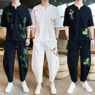 T恤男两件套装 大码 短袖 夏季 中国风刺绣体恤亚麻棉麻汉服学生班服