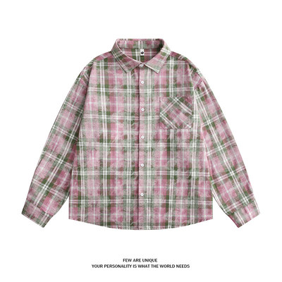 pinksktbs百搭时尚个性2024新品oleot潮流撞色格子翻领长袖衬衫