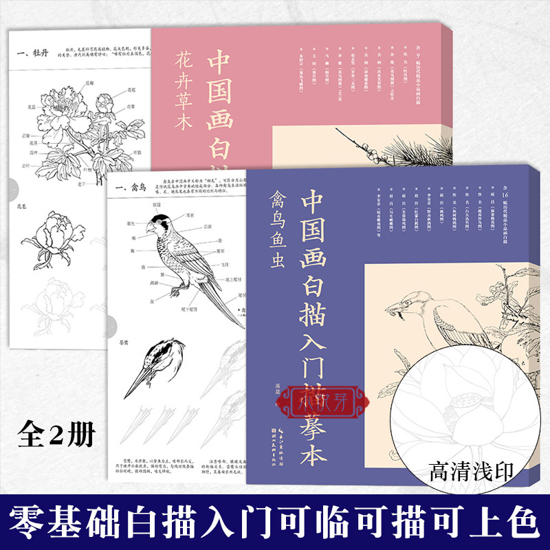 花卉草木+禽鸟鱼虫 中国画白描入门描摹本全2册 高清原作浅印慢描结构分析细节拆解文字讲解中国画教学临摹范本零基础入门技法美术