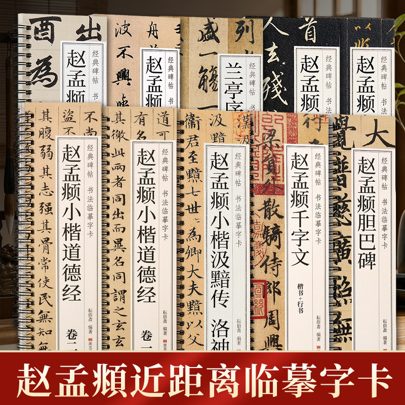 赵孟頫近距离临摹字卡 洛神赋赤壁赋胆巴碑兰亭序孝经汲黯传梅花诗道德经千字文三门记附简体旁注原大全文成人初学者毛笔书法