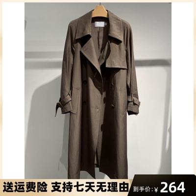 令麦檬2024春季棕色翻领长袖中长款垂感醋酸风衣外套女5F2160071