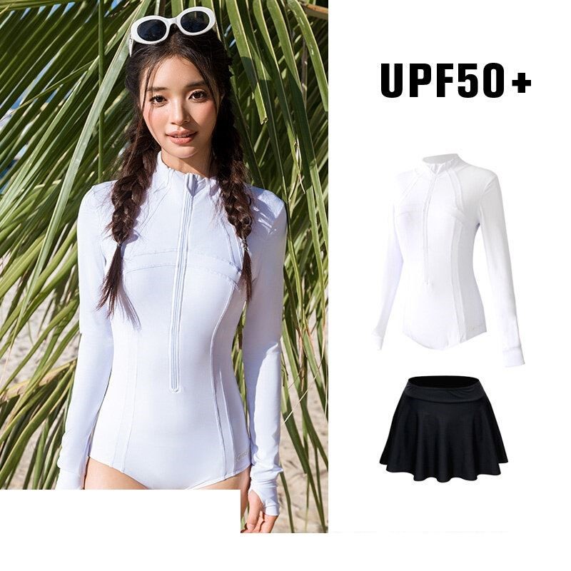 防晒浮潜连身三角长袖潜水服游泳衣女水母服游泳衣女新款白色保守