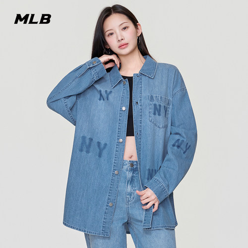 MLB官方 男女同款休闲宽松潮流复古LOGO牛仔衬衫26春季新款DRG01