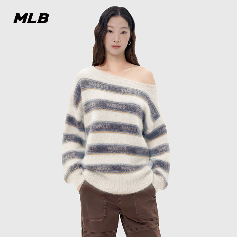 MLB官方 女款学院风时尚条纹斜肩毛衣针织套衫25秋季新款KPV02,淘宝优惠券,粉丝福利购,淘宝优惠卷