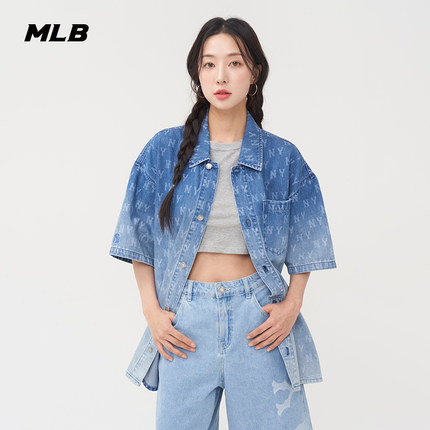 MLB官方 男女情侣复古老花渐变牛仔衬衫短袖外套25夏季新款DRM03