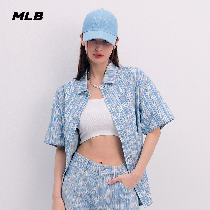 MLB官方 男女同款复古纯棉牛仔衬衫老花时尚条纹外套春夏DRM03 - 实物图