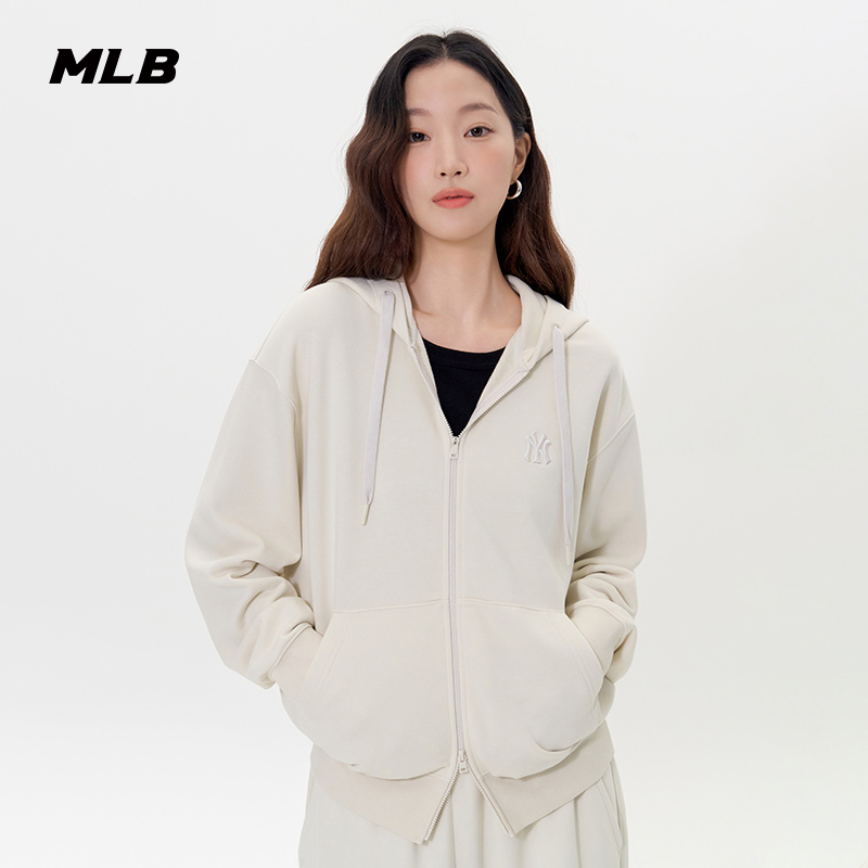 MLB官方男女情侣纯色小LOGO休闲拉链连帽卫衣外套25秋季新款TRB01