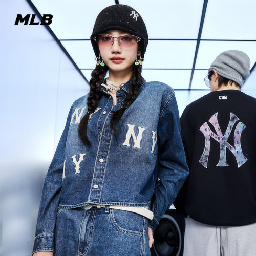 MLB官方女款潮流百搭短款刺绣大LOGO短款牛仔衬衫26秋季新款DRG22