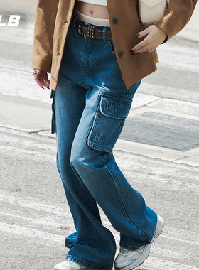 MLB官方男女老花工装纯棉牛仔裤大口袋宽松阔腿裤春夏DPM04