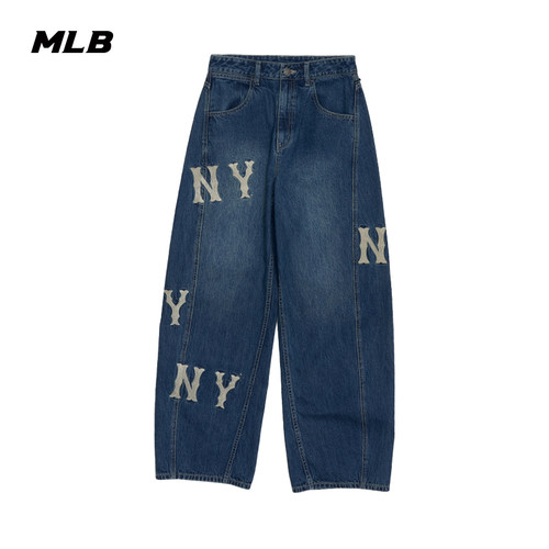 MLB刺绣大LOGO弯刀牛仔裤