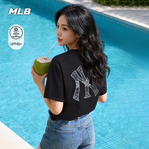 MLB官方 男女同款宽松仿牛仔老花背标防晒短袖T恤26夏季新款TSM06