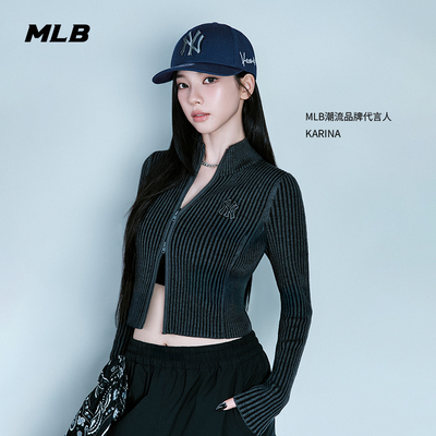 MLB官方 KARINA同款女款复古水洗做旧短款针织开衫春秋款KCB03