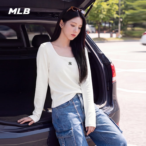 MLB女款简约方领修身长袖T恤