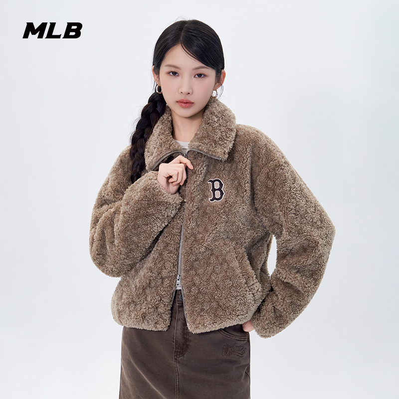 MLB官方 女款复古短款时尚仿羊羔绒拉链外套25冬季新款FDB02