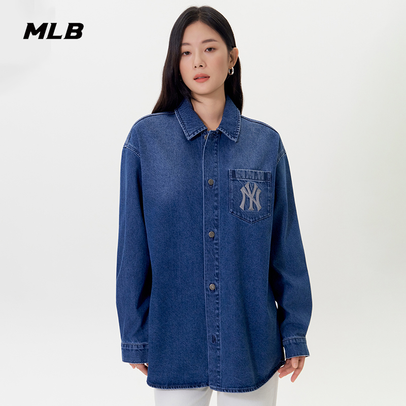 MLB官方男女情侣背标大LOGO时尚百搭长袖牛仔衬衫25秋季新款DRB03