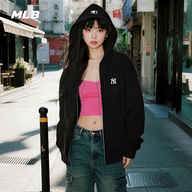 MLB官方男女情侣纯色小LOGO休闲拉链连帽卫衣外套25秋季新款TRB01