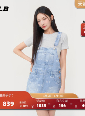 MLB官方 女款满印老花复古时尚牛仔背带连衣裙夏季新款DDM03