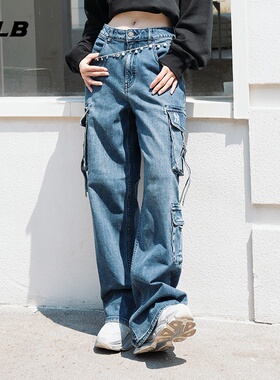 MLB官方 女款多口袋宽松休闲阔腿裤工装风牛仔裤秋季新款DPB05