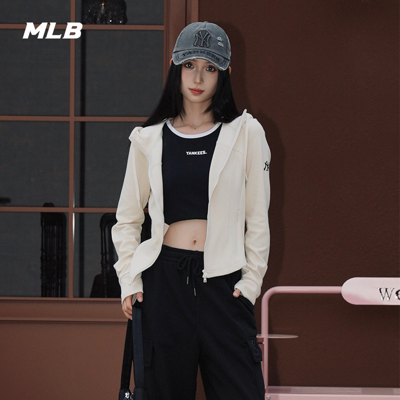 MLB官方 女款小logo时尚百搭修身纯色简约连帽卫衣外套TRB04