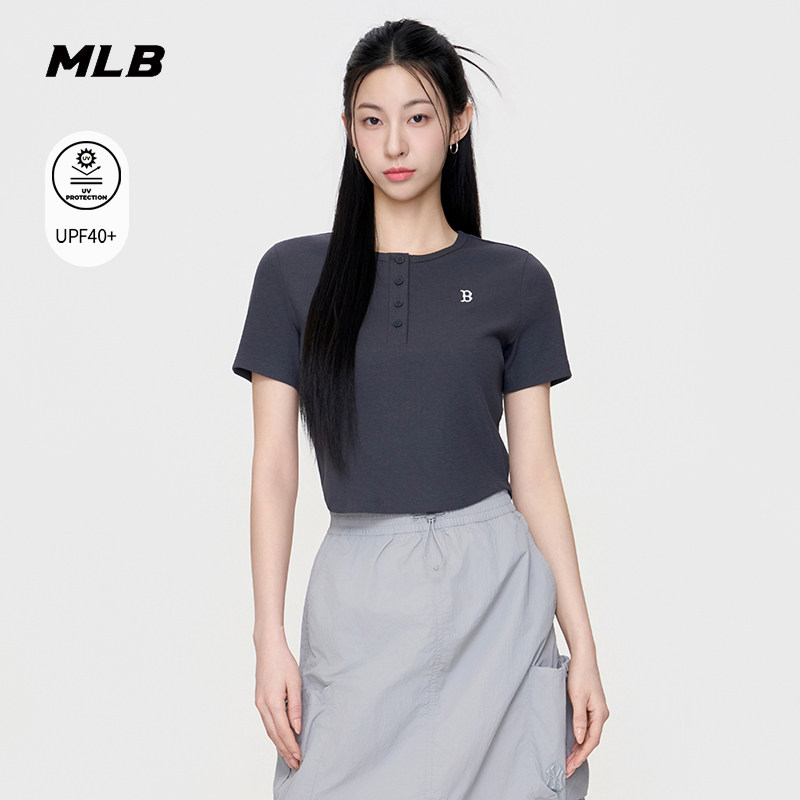 MLB官方女款复古轻薄弹力短款亨利领防晒短袖T恤26夏季新款TSB10图片