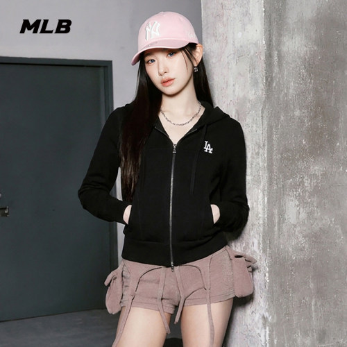 MLB纯色小标连帽拉链针织衫