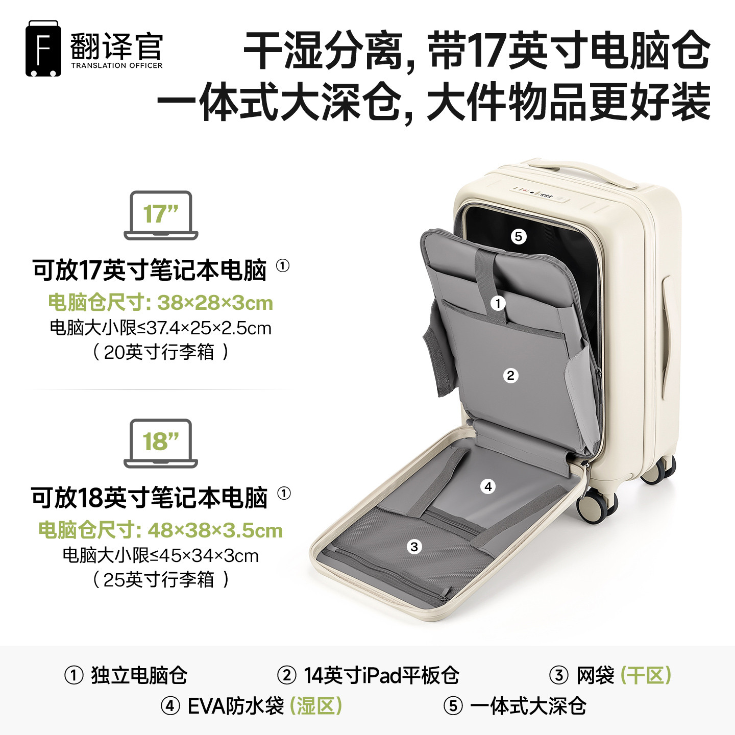 翻译官电脑侧前置开盖登机拉杆旅行李箱大多功扩容小深仓提轻商差